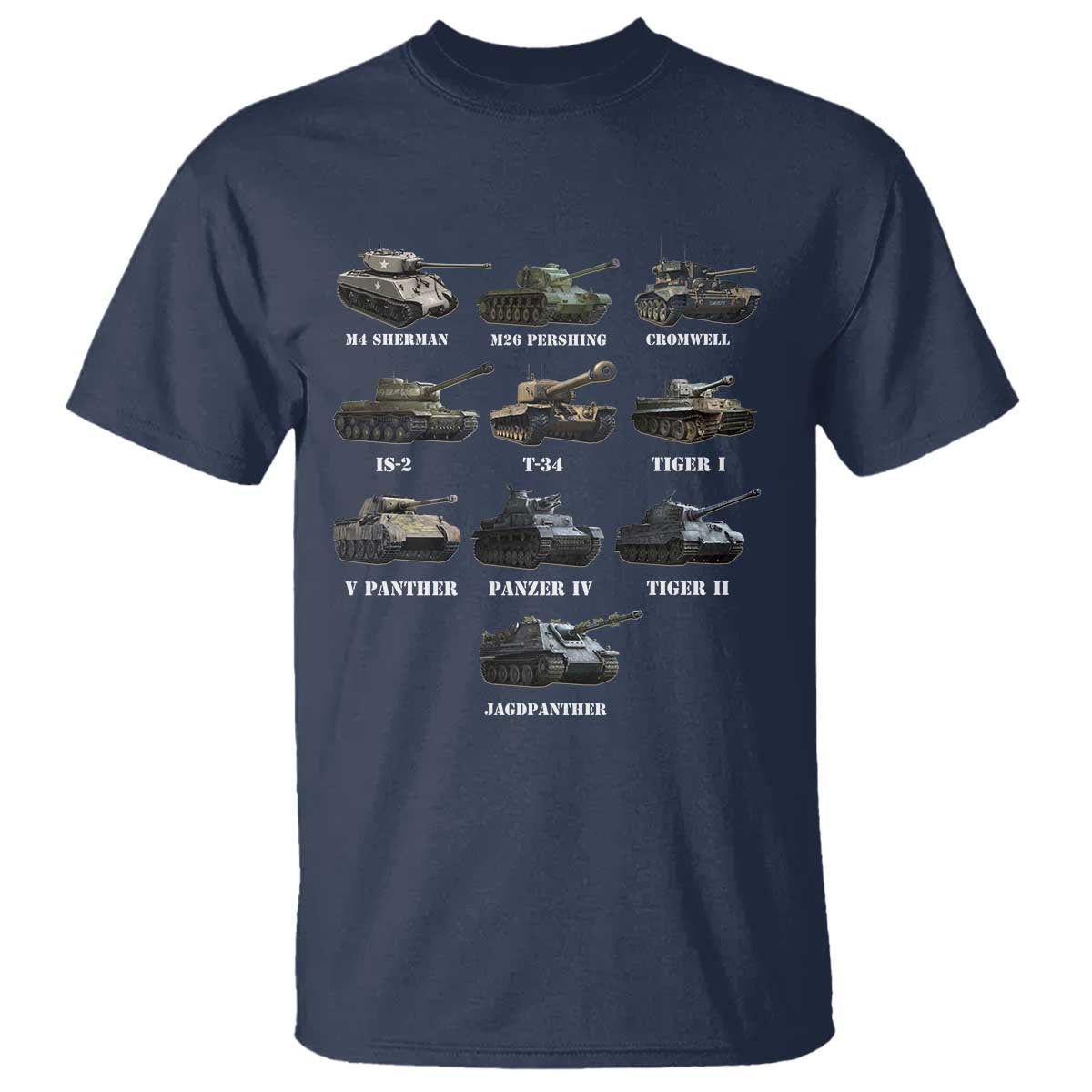 WW2 Tanks T Shirt M4 Sherman Panzer IV Tiger II T-34 History Buff TS02 Navy Print Your Wear