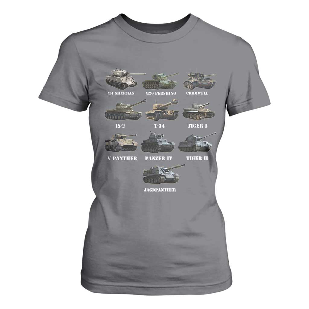 WW2 Tanks T Shirt For Women M4 Sherman Panzer IV Tiger II T-34 History Buff TS02 Charcoal Print Your Wear