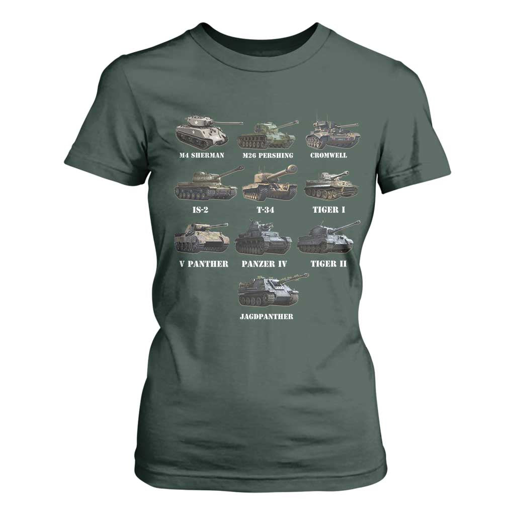 WW2 Tanks T Shirt For Women M4 Sherman Panzer IV Tiger II T-34 History Buff TS02 Dark Forest Green Print Your Wear