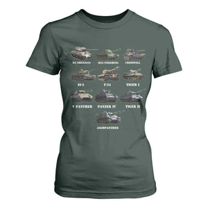 WW2 Tanks T Shirt For Women M4 Sherman Panzer IV Tiger II T-34 History Buff TS02 Dark Forest Green Print Your Wear