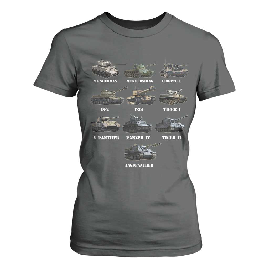 WW2 Tanks T Shirt For Women M4 Sherman Panzer IV Tiger II T-34 History Buff TS02 Dark Heather Print Your Wear