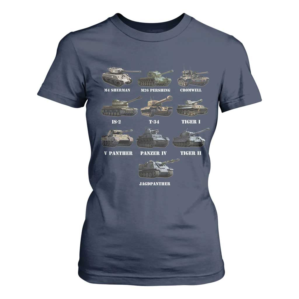 WW2 Tanks T Shirt For Women M4 Sherman Panzer IV Tiger II T-34 History Buff TS02 Navy Print Your Wear