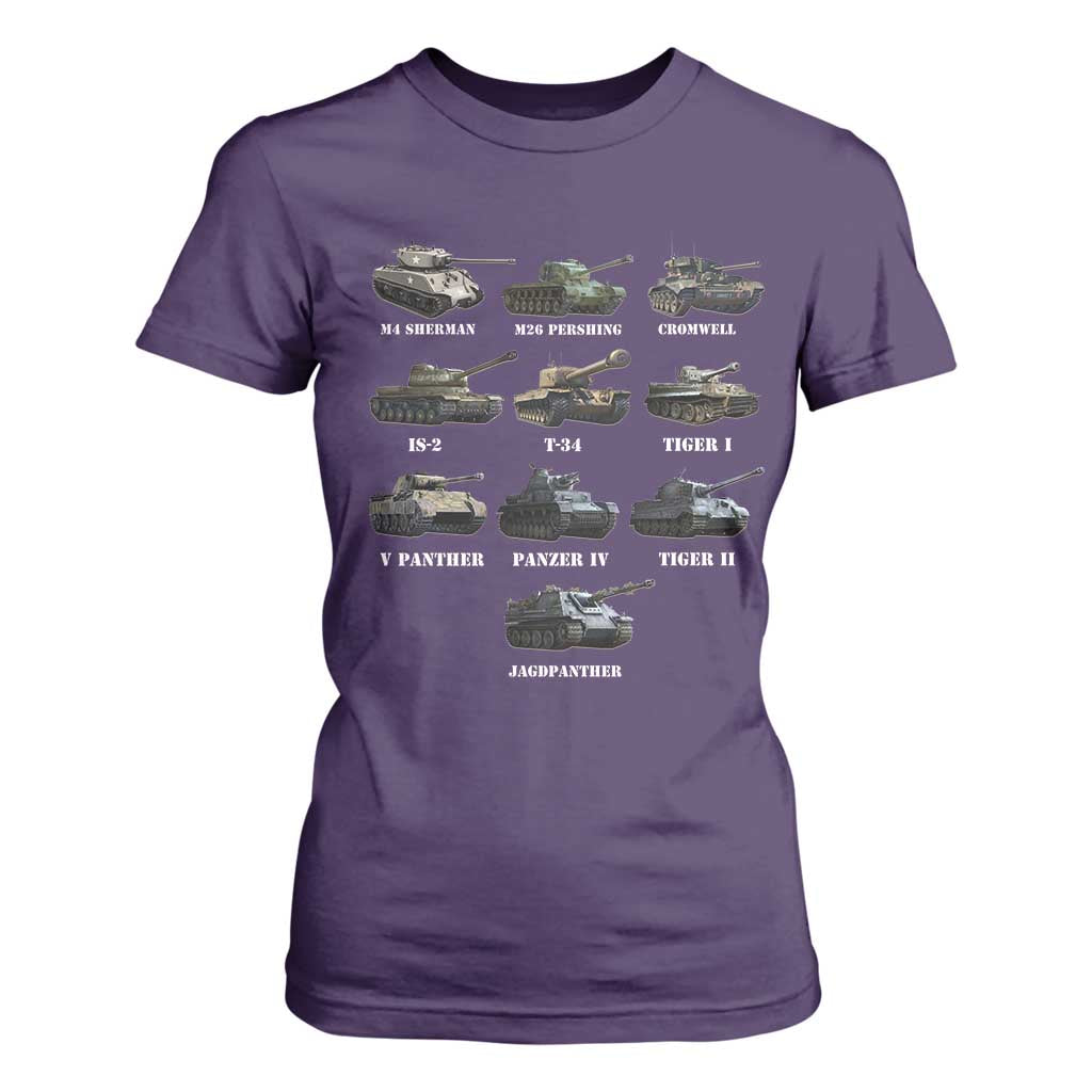 WW2 Tanks T Shirt For Women M4 Sherman Panzer IV Tiger II T-34 History Buff TS02 Purple Print Your Wear