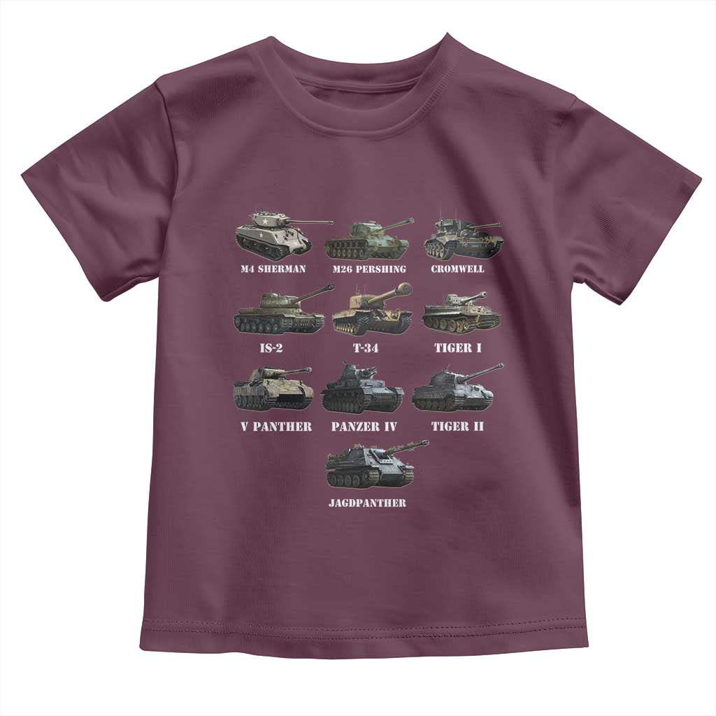 WW2 Tanks Toddler T Shirt M4 Sherman Panzer IV Tiger II T-34 History Buff TS02 Maroon Print Your Wear