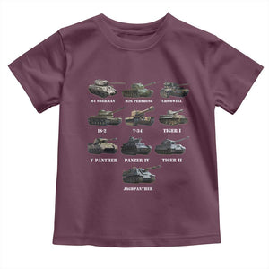 WW2 Tanks Toddler T Shirt M4 Sherman Panzer IV Tiger II T-34 History Buff TS02 Maroon Print Your Wear