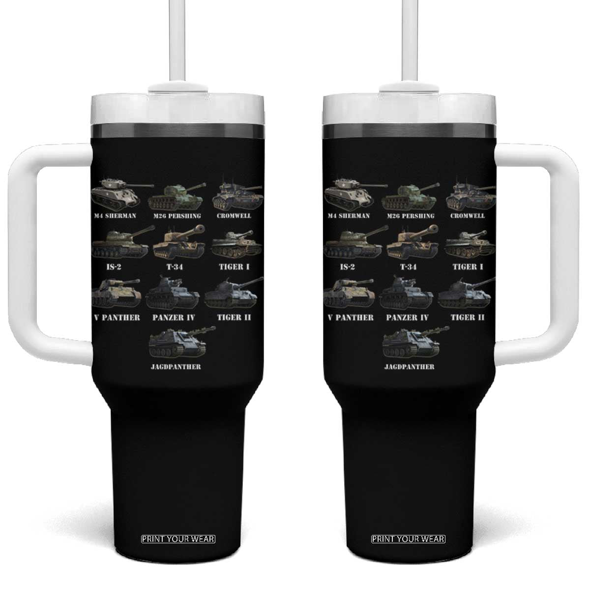 WW2 Tanks Tumbler With Handle M4 Sherman Panzer IV Tiger II T-34 History Buff TS02 One Size: 40 oz Black Print Your Wear