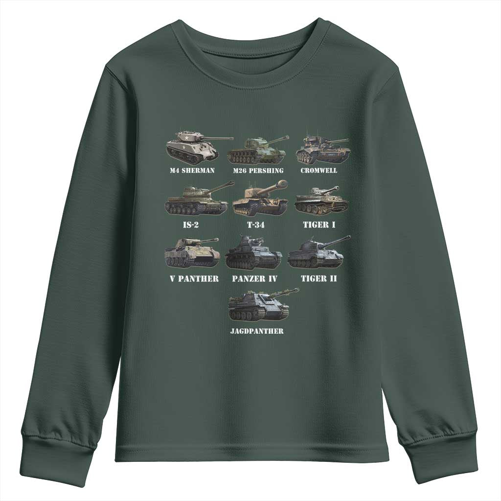 WW2 Tanks Youth Sweatshirt M4 Sherman Panzer IV Tiger II T-34 History Buff TS02 Dark Forest Green Print Your Wear