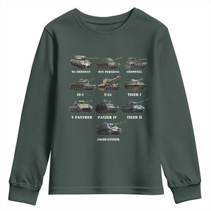 WW2 Tanks Youth Sweatshirt M4 Sherman Panzer IV Tiger II T-34 History Buff TS02 Dark Forest Green Print Your Wear