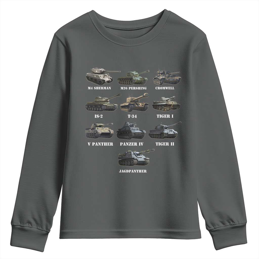 WW2 Tanks Youth Sweatshirt M4 Sherman Panzer IV Tiger II T-34 History Buff TS02 Dark Heather Print Your Wear