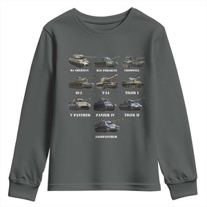 WW2 Tanks Youth Sweatshirt M4 Sherman Panzer IV Tiger II T-34 History Buff TS02 Dark Heather Print Your Wear