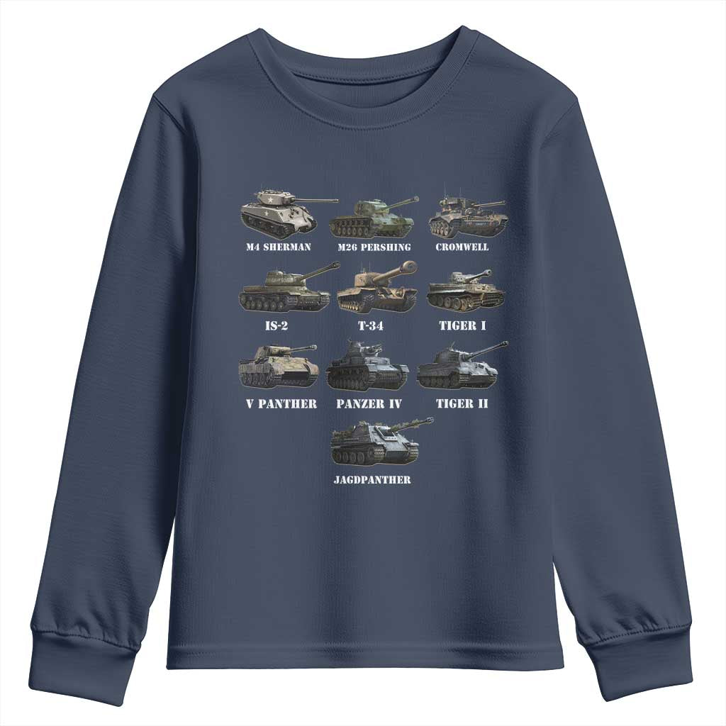 WW2 Tanks Youth Sweatshirt M4 Sherman Panzer IV Tiger II T-34 History Buff TS02 Navy Print Your Wear