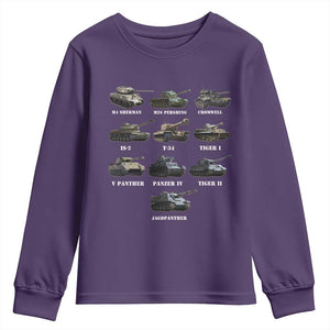 WW2 Tanks Youth Sweatshirt M4 Sherman Panzer IV Tiger II T-34 History Buff TS02 Purple Print Your Wear