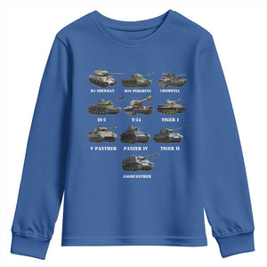 WW2 Tanks Youth Sweatshirt M4 Sherman Panzer IV Tiger II T-34 History Buff TS02 Royal Blue Print Your Wear