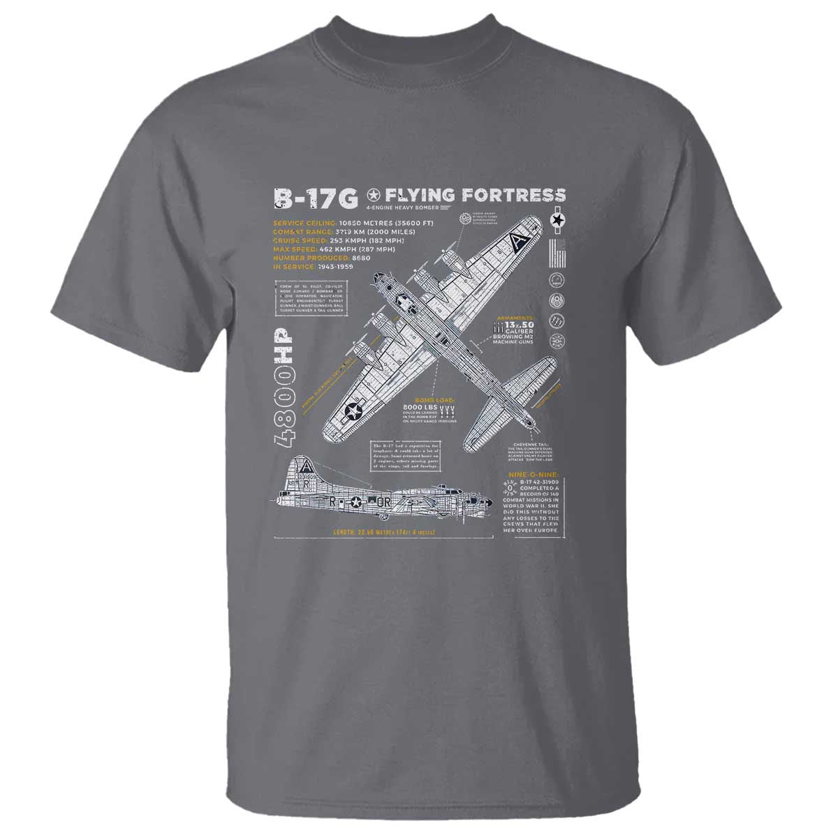 B-17 Flying Fortress T Shirt WW2 B-17G Bomber Vintage Aviation TS02 Charcoal Print Your Wear