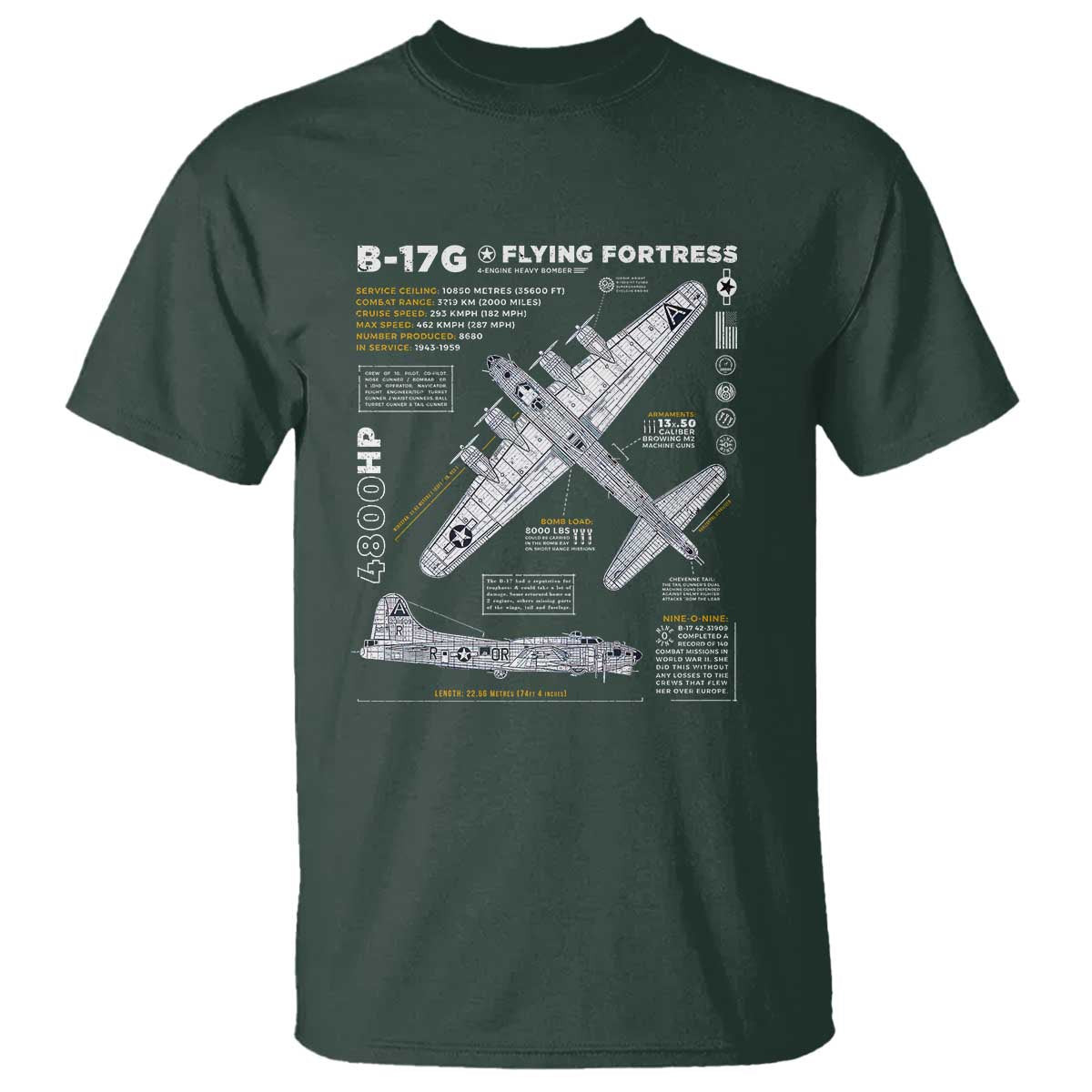 B-17 Flying Fortress T Shirt WW2 B-17G Bomber Vintage Aviation TS02 Dark Forest Green Print Your Wear