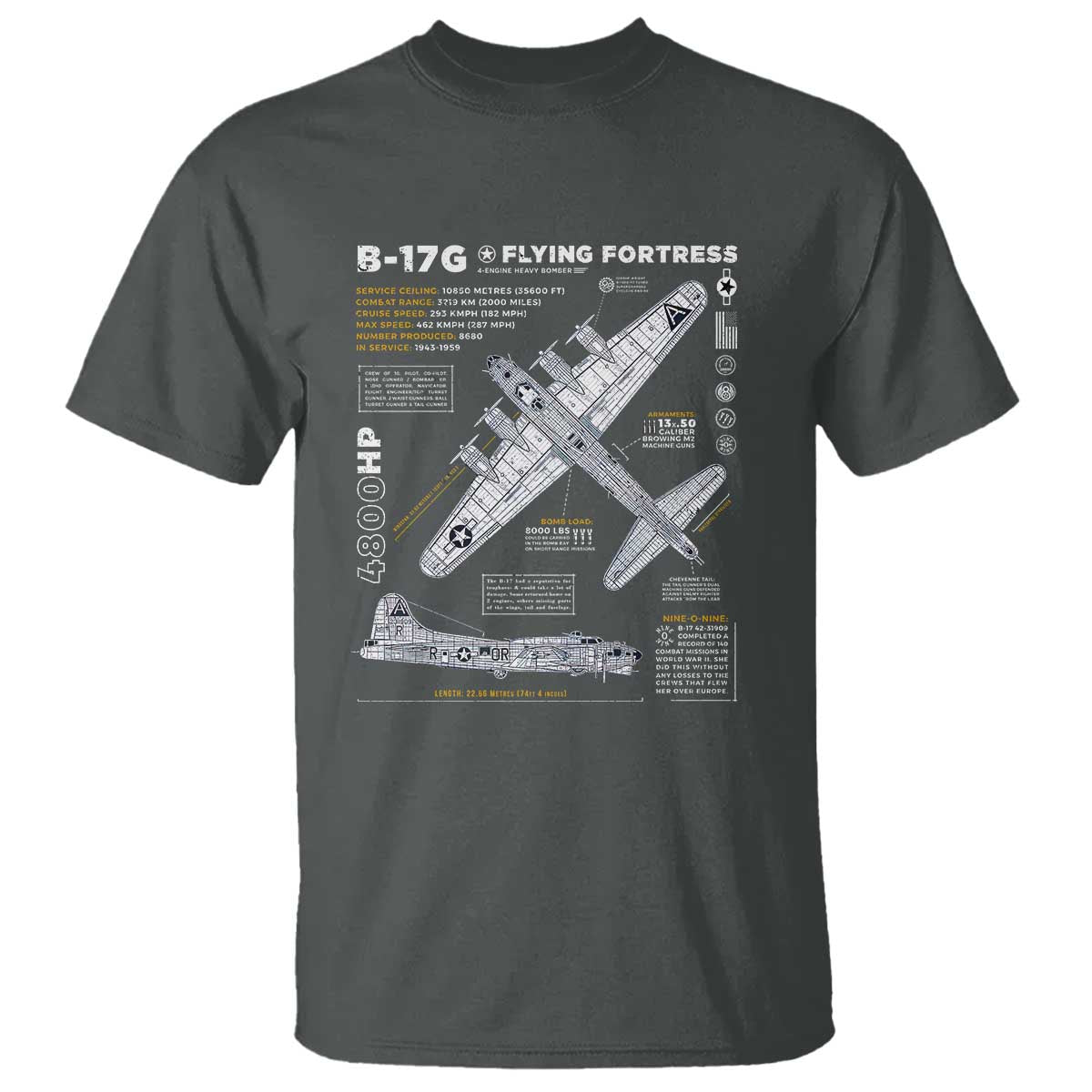 B-17 Flying Fortress T Shirt WW2 B-17G Bomber Vintage Aviation TS02 Dark Heather Print Your Wear