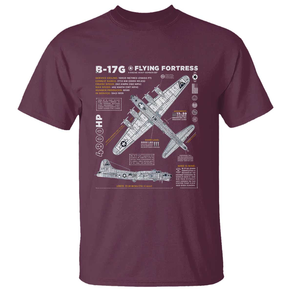 B-17 Flying Fortress T Shirt WW2 B-17G Bomber Vintage Aviation TS02 Maroon Print Your Wear