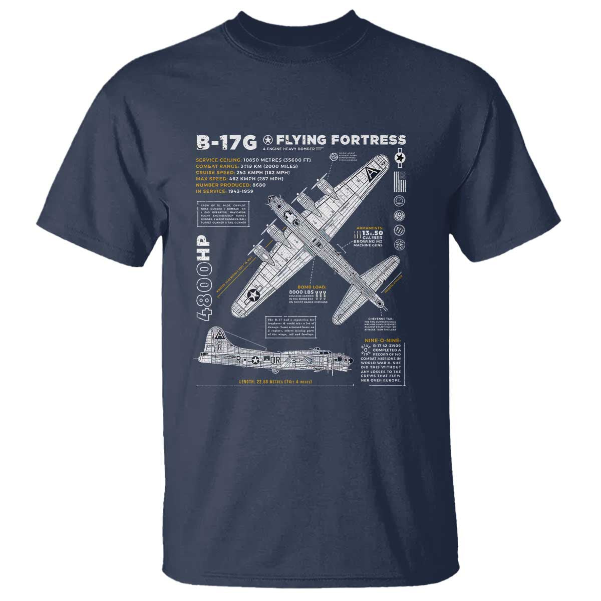 B-17 Flying Fortress T Shirt WW2 B-17G Bomber Vintage Aviation TS02 Navy Print Your Wear