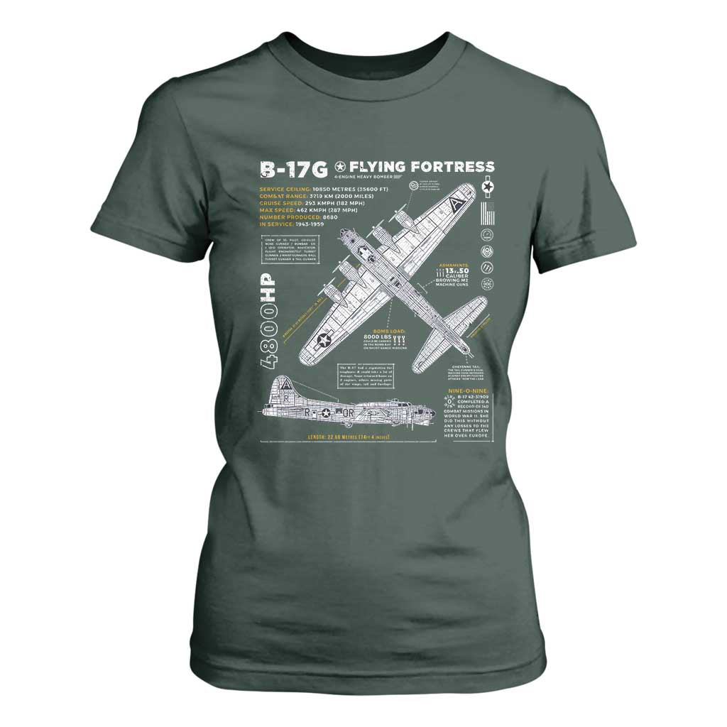 B-17 Flying Fortress T Shirt For Women WW2 B-17G Bomber Vintage Aviation TS02 Dark Forest Green Print Your Wear