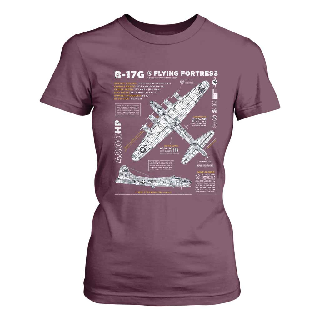 B-17 Flying Fortress T Shirt For Women WW2 B-17G Bomber Vintage Aviation TS02 Maroon Print Your Wear