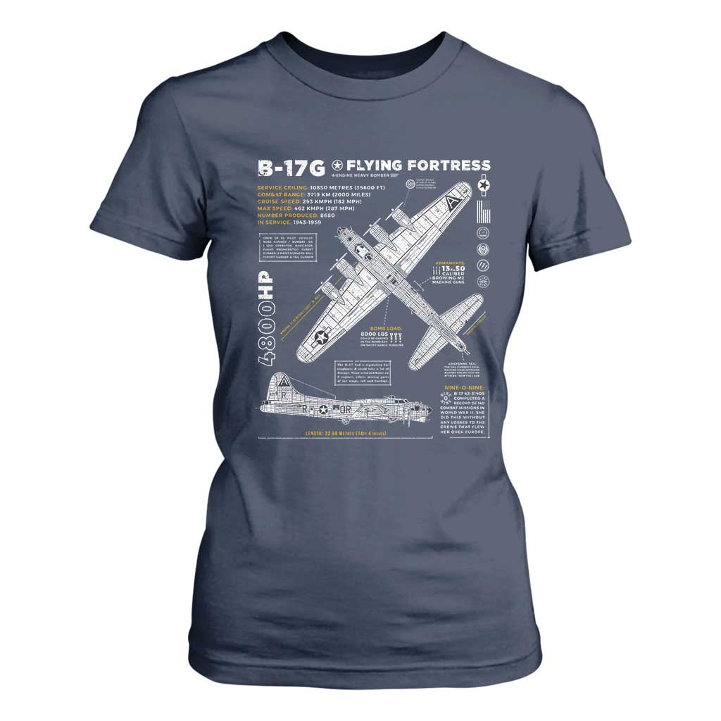 B-17 Flying Fortress T Shirt For Women WW2 B-17G Bomber Vintage Aviation TS02 Navy Print Your Wear