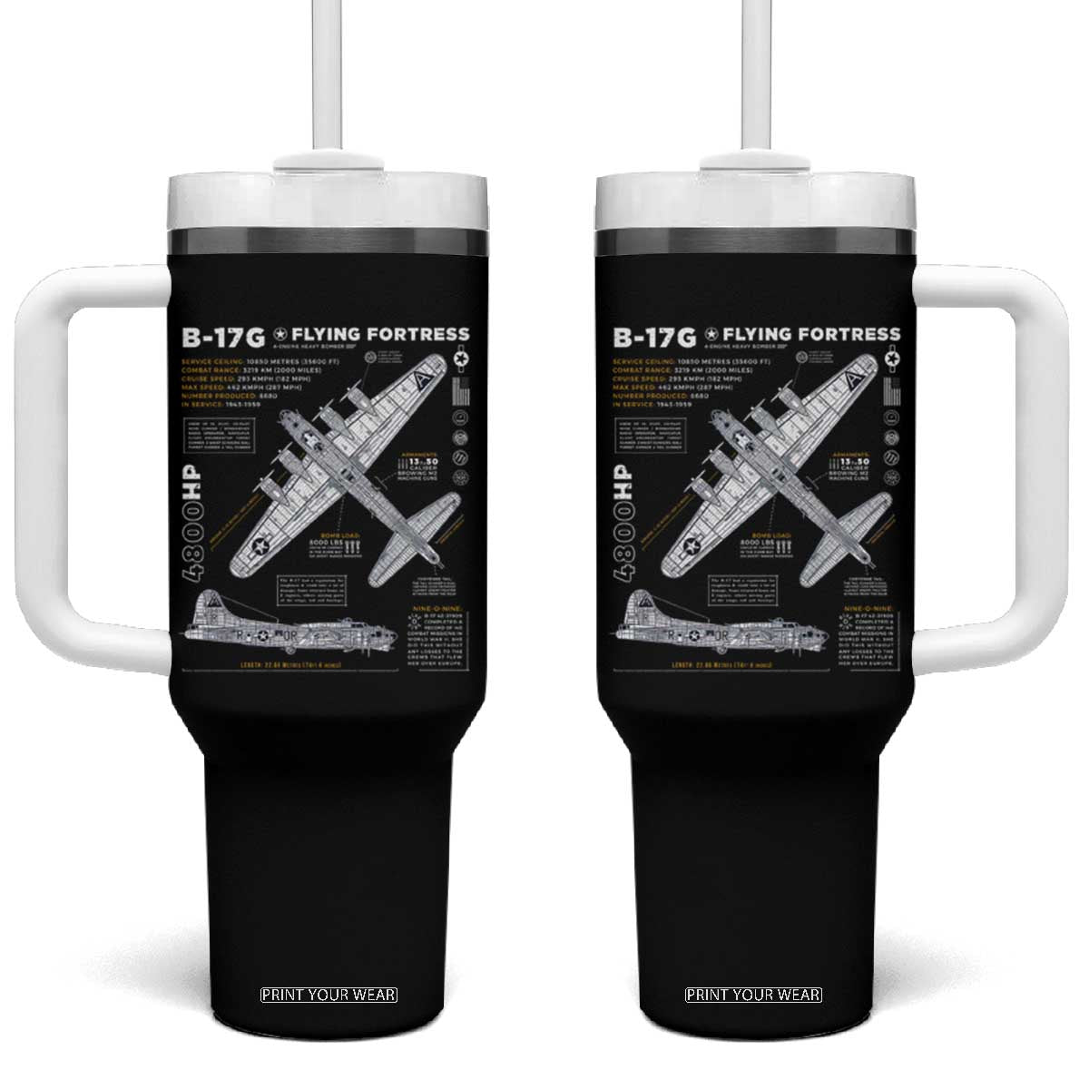 B-17 Flying Fortress Tumbler With Handle WW2 B-17G Bomber Vintage Aviation TS02 One Size: 40 oz Black Print Your Wear