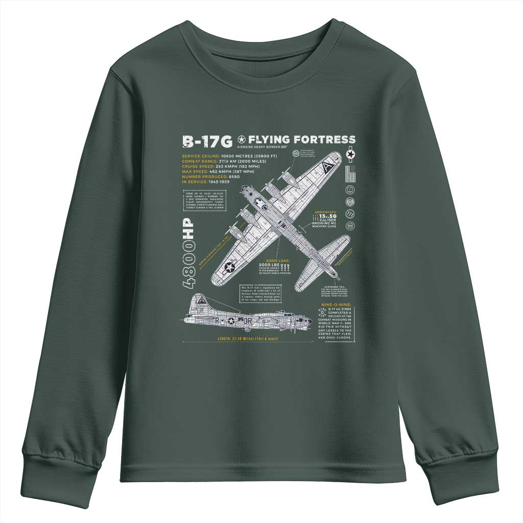 B-17 Flying Fortress Youth Sweatshirt WW2 B-17G Bomber Vintage Aviation TS02 Dark Forest Green Print Your Wear
