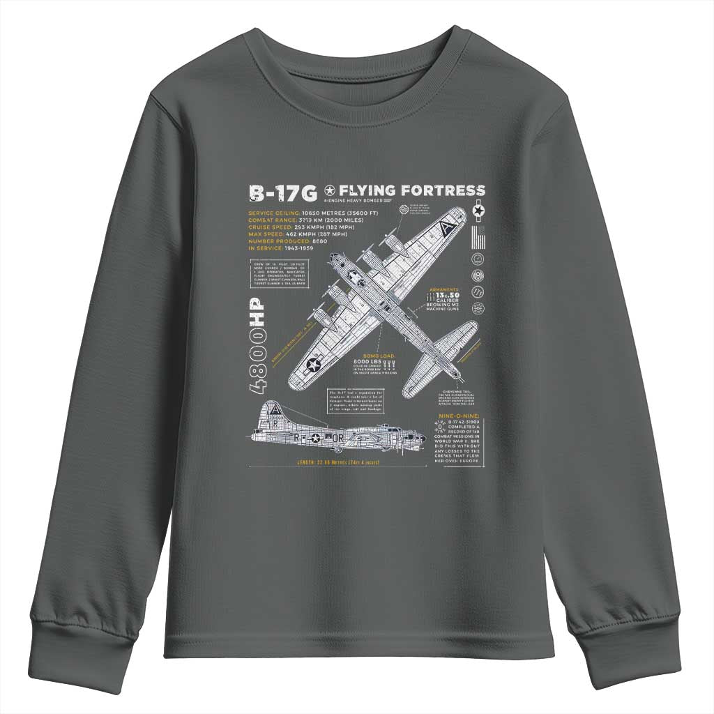 B-17 Flying Fortress Youth Sweatshirt WW2 B-17G Bomber Vintage Aviation TS02 Dark Heather Print Your Wear