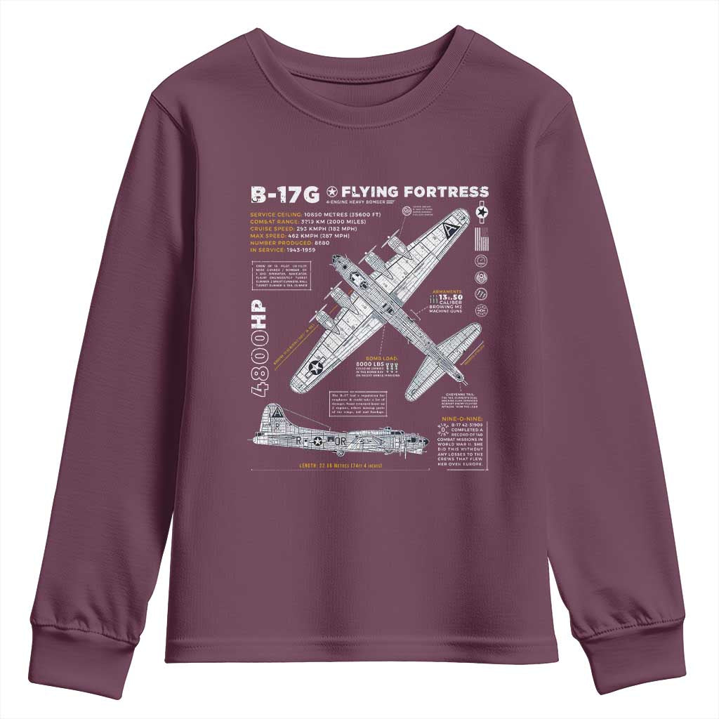 B-17 Flying Fortress Youth Sweatshirt WW2 B-17G Bomber Vintage Aviation TS02 Maroon Print Your Wear