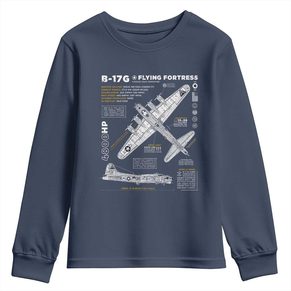 B-17 Flying Fortress Youth Sweatshirt WW2 B-17G Bomber Vintage Aviation TS02 Navy Print Your Wear