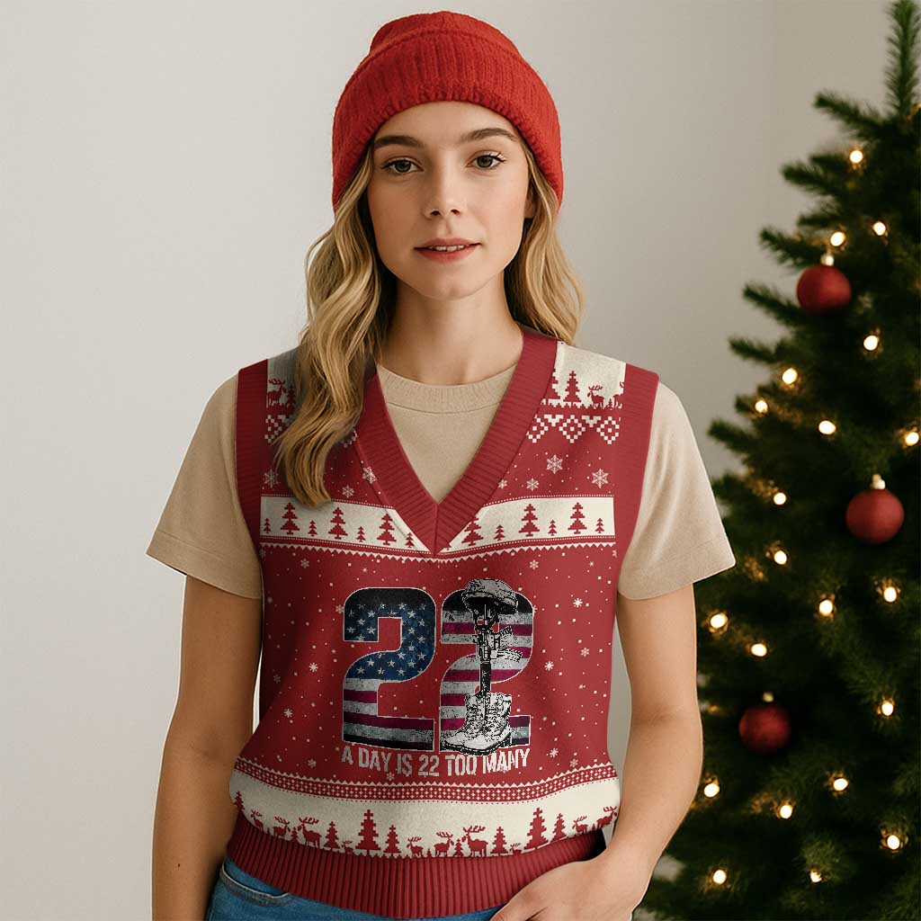 Veteran Suicide Awareness V-Neck Knit Sweater Vest 22 A Day is 22 Too Many Veteran Lives Matter TS02 Red Beige Print Your Wear
