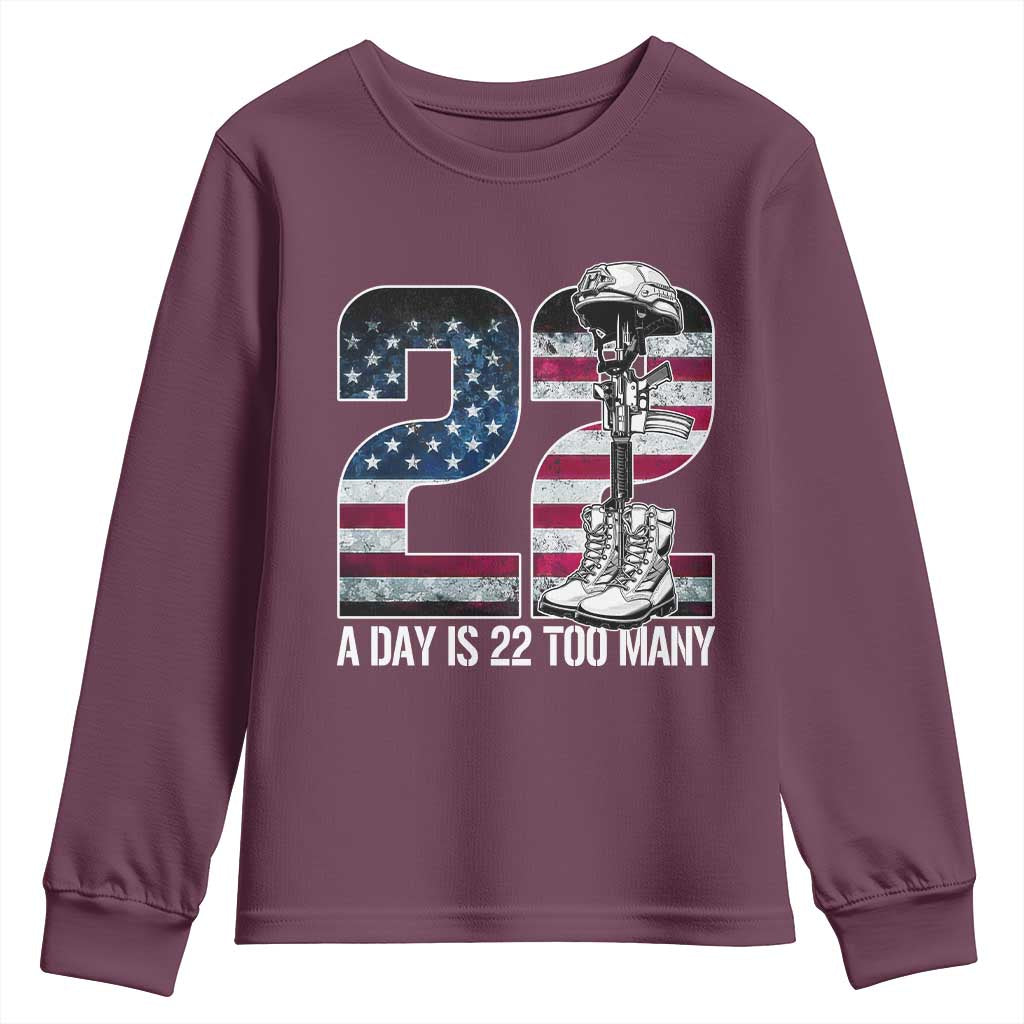 Veteran Suicide Awareness Youth Sweatshirt 22 A Day is 22 Too Many Veteran Lives Matter TS02 Maroon Print Your Wear