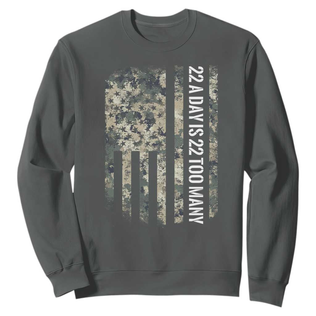 Veteran Suicide Awareness Sweatshirt USA Flag 22 A Day Is 22 Too Many TS02 Dark Heather Print Your Wear