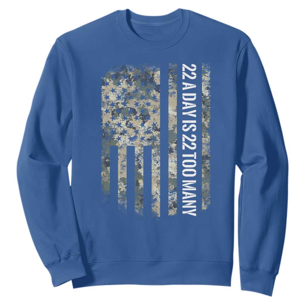 Veteran Suicide Awareness Sweatshirt USA Flag 22 A Day Is 22 Too Many TS02 Royal Blue Print Your Wear