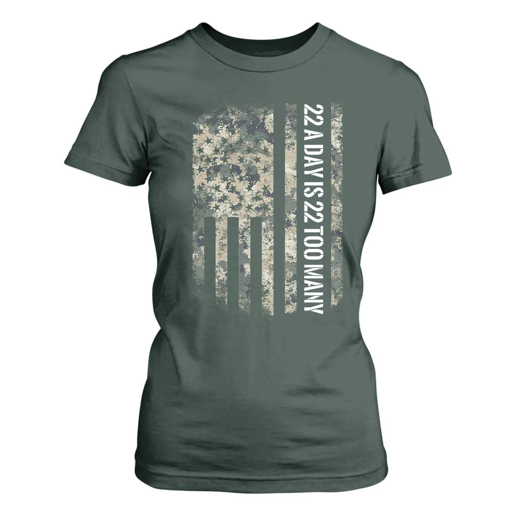 Veteran Suicide Awareness T Shirt For Women USA Flag 22 A Day Is 22 Too Many TS02 Dark Forest Green Print Your Wear
