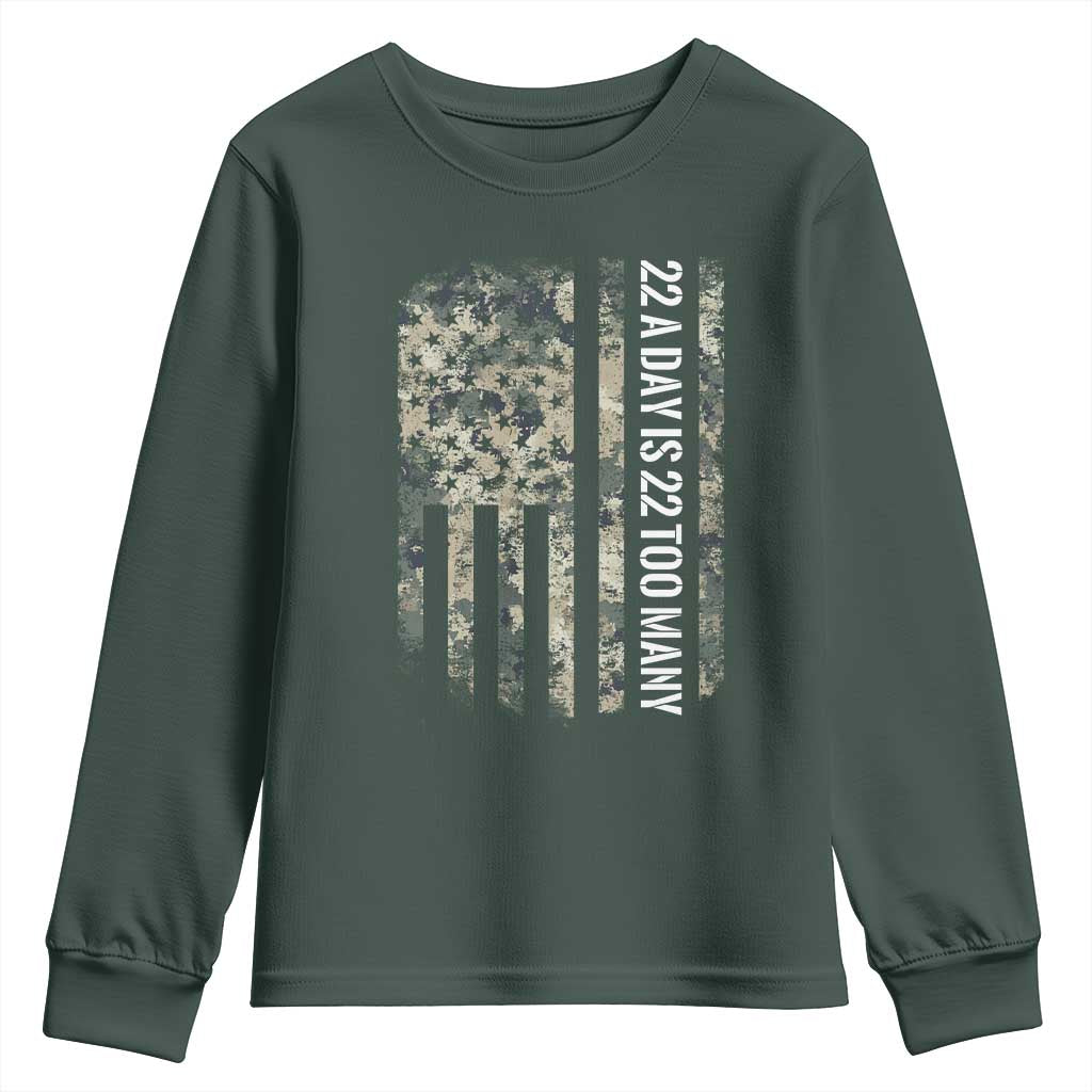 Veteran Suicide Awareness Youth Sweatshirt USA Flag 22 A Day Is 22 Too Many TS02 Dark Forest Green Print Your Wear