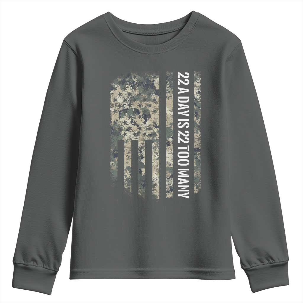 Veteran Suicide Awareness Youth Sweatshirt USA Flag 22 A Day Is 22 Too Many TS02 Dark Heather Print Your Wear