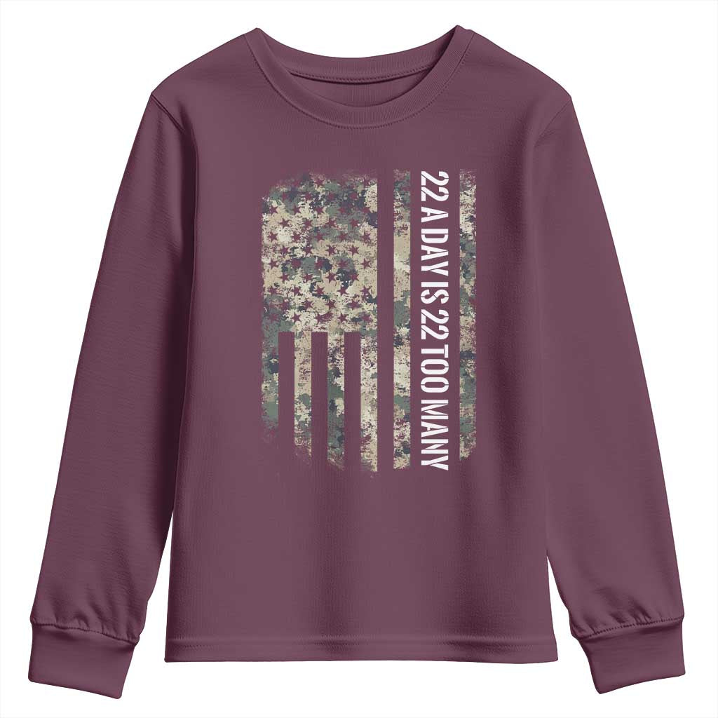 Veteran Suicide Awareness Youth Sweatshirt USA Flag 22 A Day Is 22 Too Many TS02 Maroon Print Your Wear