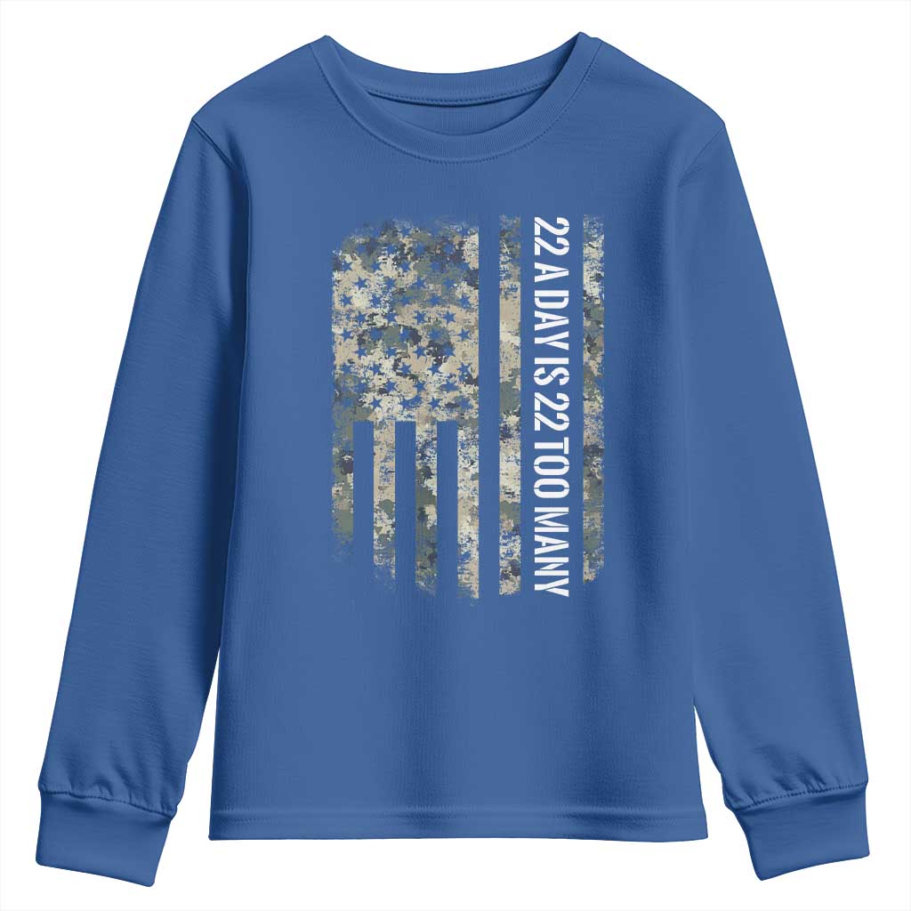 Veteran Suicide Awareness Youth Sweatshirt USA Flag 22 A Day Is 22 Too Many TS02 Royal Blue Print Your Wear