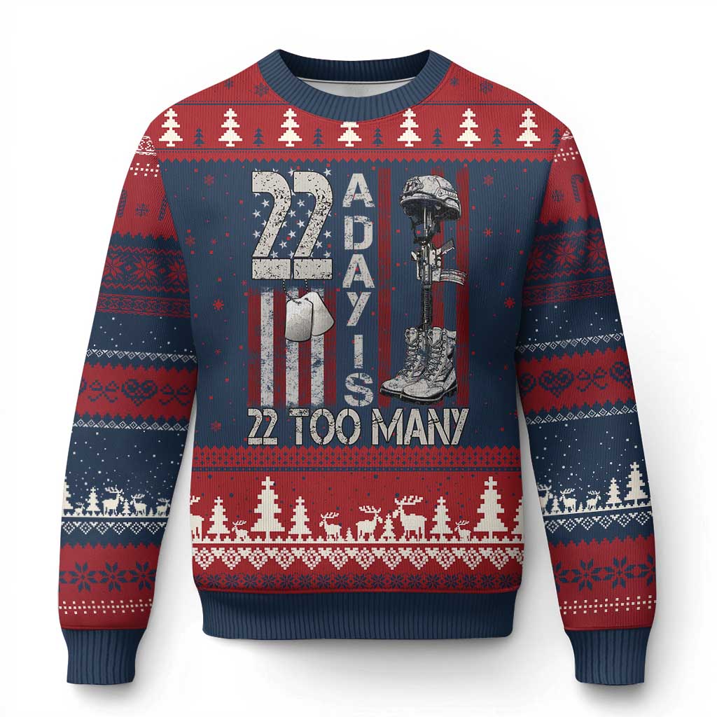 Veteran Suicide Awareness Ugly Christmas Sweater 22 A Day Is 22 Too Many TS02 Navy Red Print Your Wear