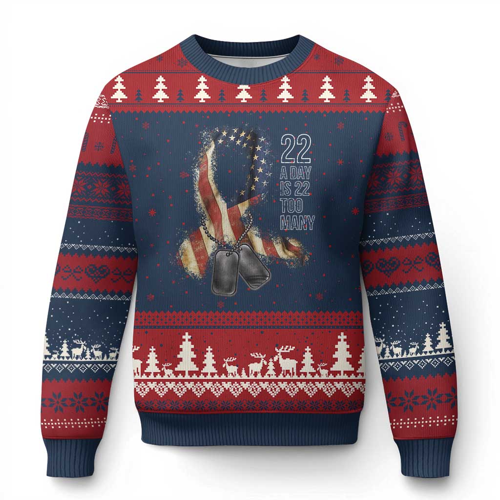 Veteran Suicide Awareness Ugly Christmas Sweater 22 A Day Is 22 Too Many American Flag Ribbon TS02 Navy Red Print Your Wear