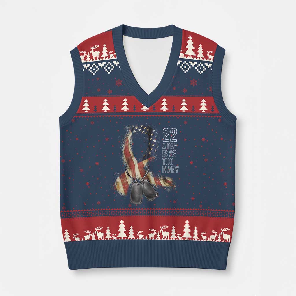 Veteran Suicide Awareness V-Neck Knit Sweater Vest 22 A Day Is 22 Too Many American Flag Ribbon TS02 Navy Red Print Your Wear