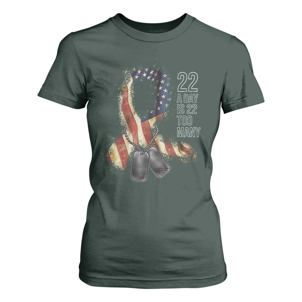 Veteran Suicide Awareness T Shirt For Women 22 A Day Is 22 Too Many American Flag Ribbon TS02 Dark Forest Green Print Your Wear