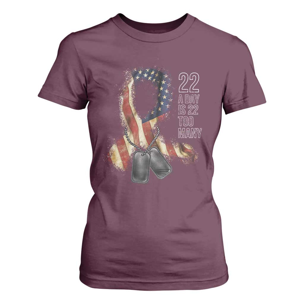 Veteran Suicide Awareness T Shirt For Women 22 A Day Is 22 Too Many American Flag Ribbon TS02 Maroon Print Your Wear