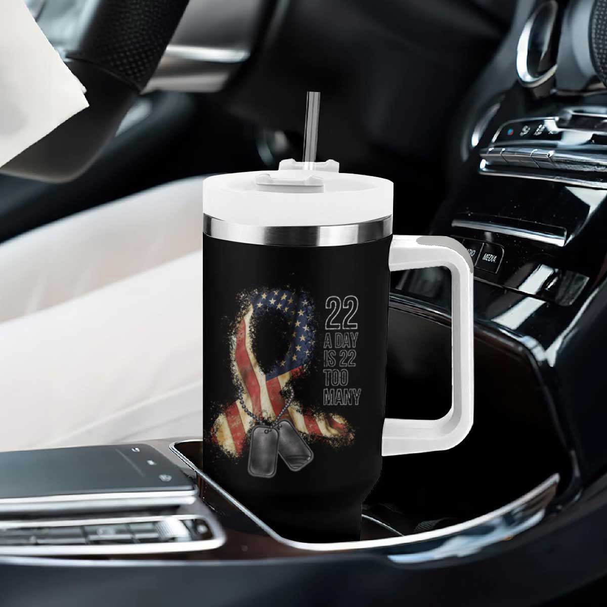Veteran Suicide Awareness Tumbler With Handle 22 A Day Is 22 Too Many American Flag Ribbon TS02 Print Your Wear