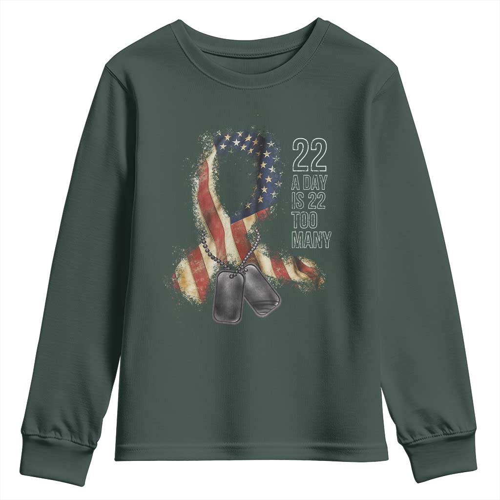Veteran Suicide Awareness Youth Sweatshirt 22 A Day Is 22 Too Many American Flag Ribbon TS02 Dark Forest Green Print Your Wear