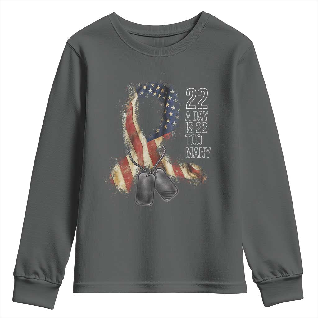 Veteran Suicide Awareness Youth Sweatshirt 22 A Day Is 22 Too Many American Flag Ribbon TS02 Dark Heather Print Your Wear