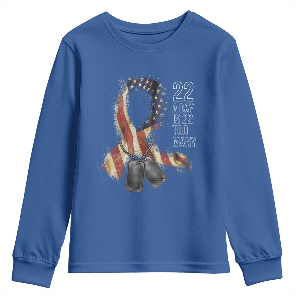 Veteran Suicide Awareness Youth Sweatshirt 22 A Day Is 22 Too Many American Flag Ribbon TS02 Royal Blue Print Your Wear