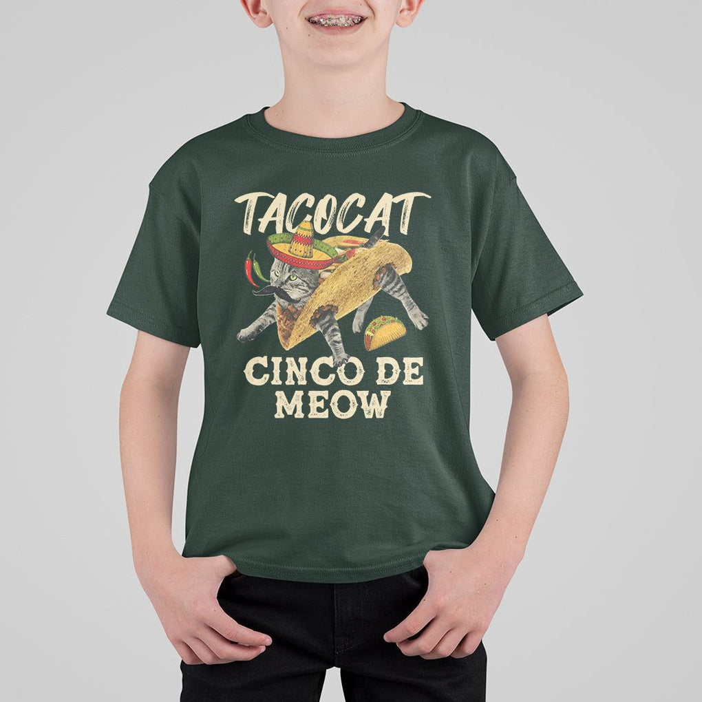 Funny Cat Cinco De Mayo T Shirt For Kid Tacocat Cinco De Meow Mexican Tacos Cats Lovers TS02 Dark Forest Green Printyourwear