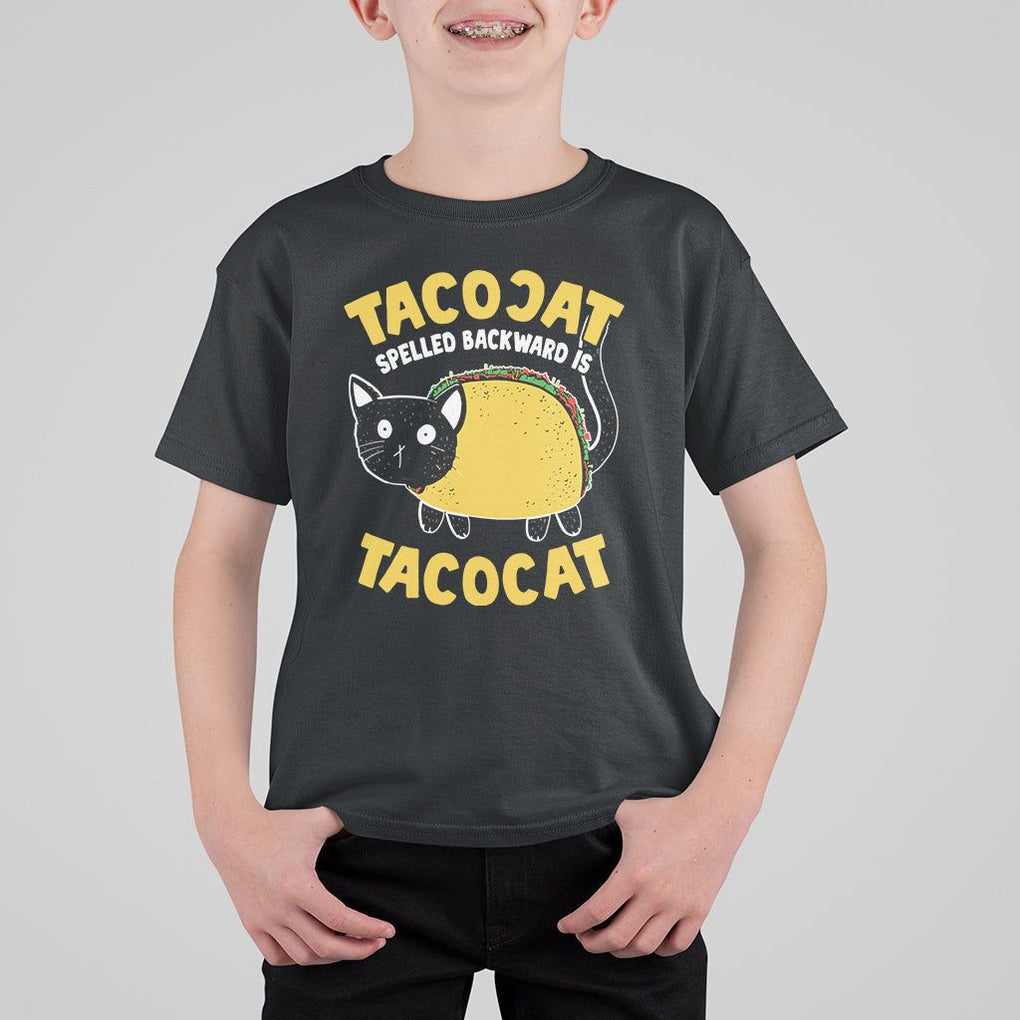 Funny Cat Cinco De Mayo T Shirt For Kid Tacocat Spelled Backward Is Tacocat Tacos Cats Lovers TS02 Black Printyourwear